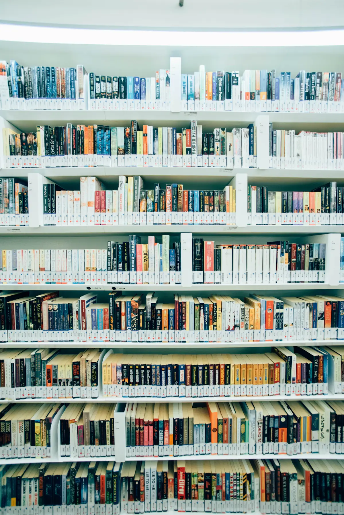 Bookshelves and reading spaces inside a library